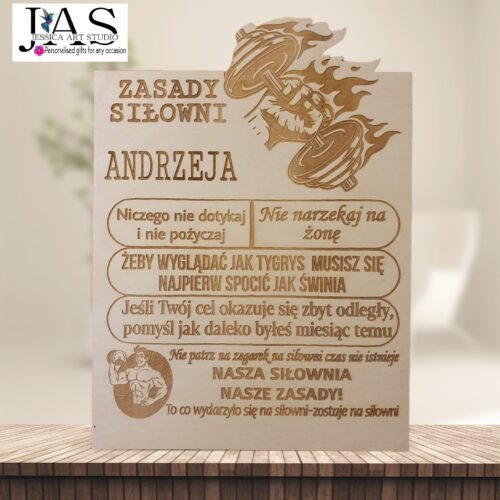 Drewniana tabliczka - zasady siłowni