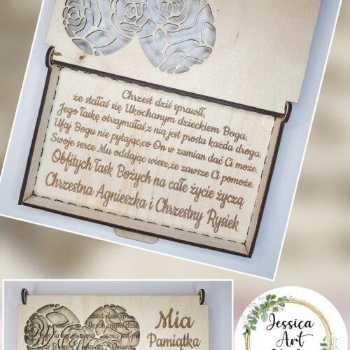 Drewniane pudełko ze wstążką - Pamiątka Chrztu