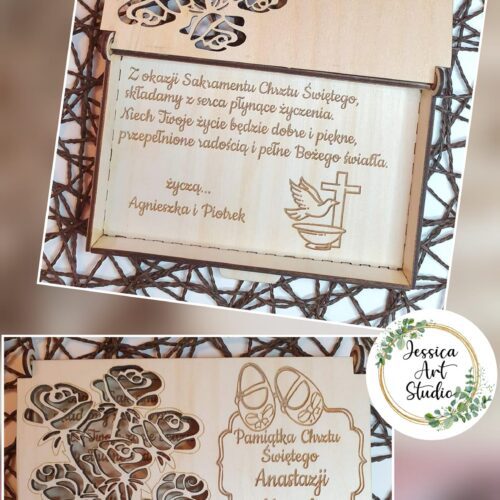Pudełko drewniane ze wstążką - pamiątka Chrztu Świętego