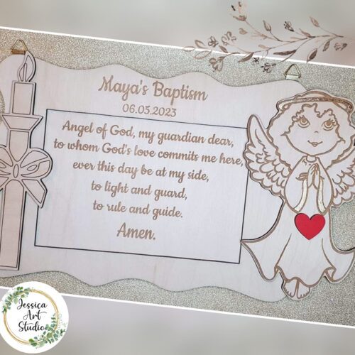 Drewniana ramka z modlitwą - pamiątka Chrztu Świętego